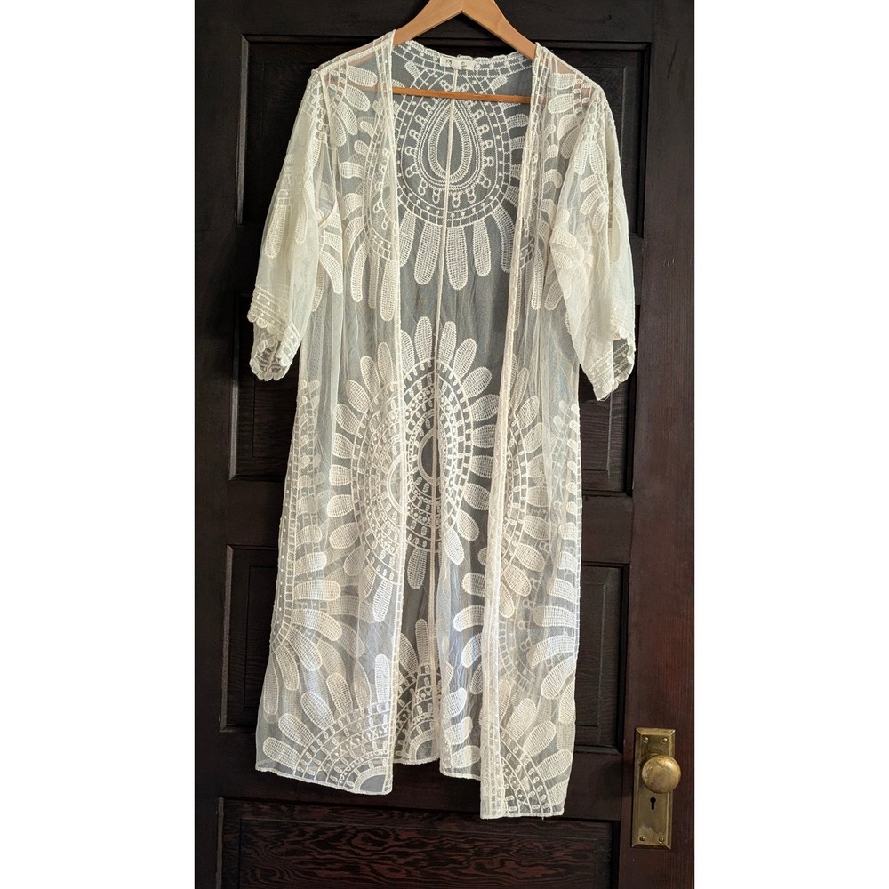 Rebellion Again Cream Lace Medallion Kimono Cardigan Small Boho Sheer Layering - Picture 2 of 9